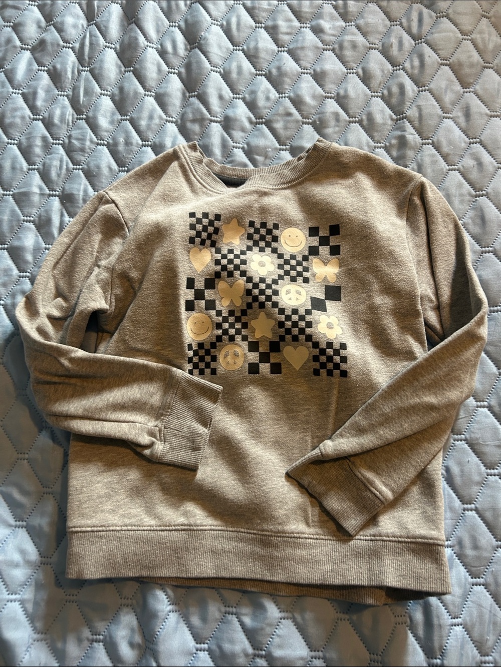 Girls' Gray Crewneck Sweater with Checkerboard and White Accents